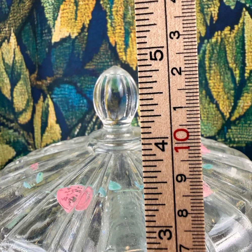 Vintage Hand‎ Painted Pink Rose Ribbed Clear Glass Candy Dish with Lid 5x6